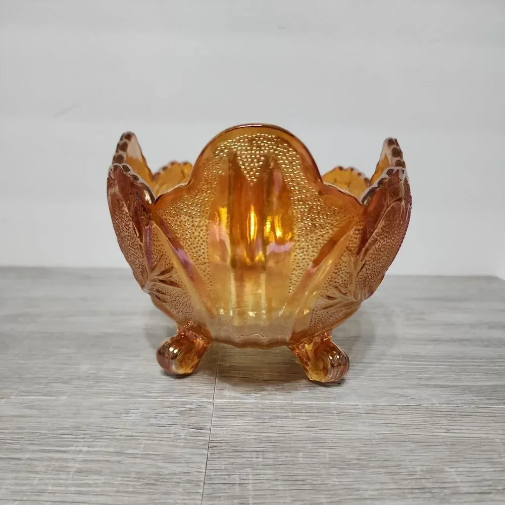 Vintage Indiana Marigold Footed Carnival Glass‎ Oval Bowl Compote Scalloped Edge